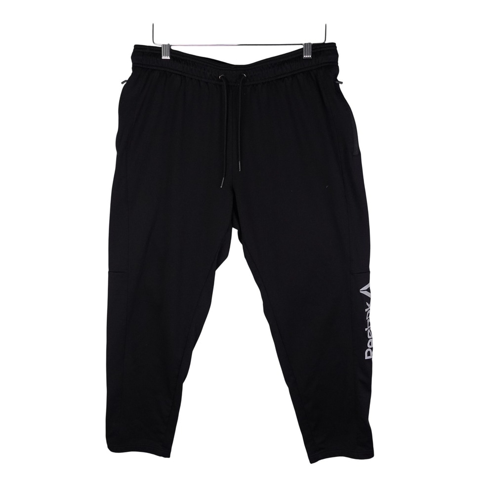 Reebok Mens Athletic Jogger Pants Black Logo Ankle Zip Pockets Large